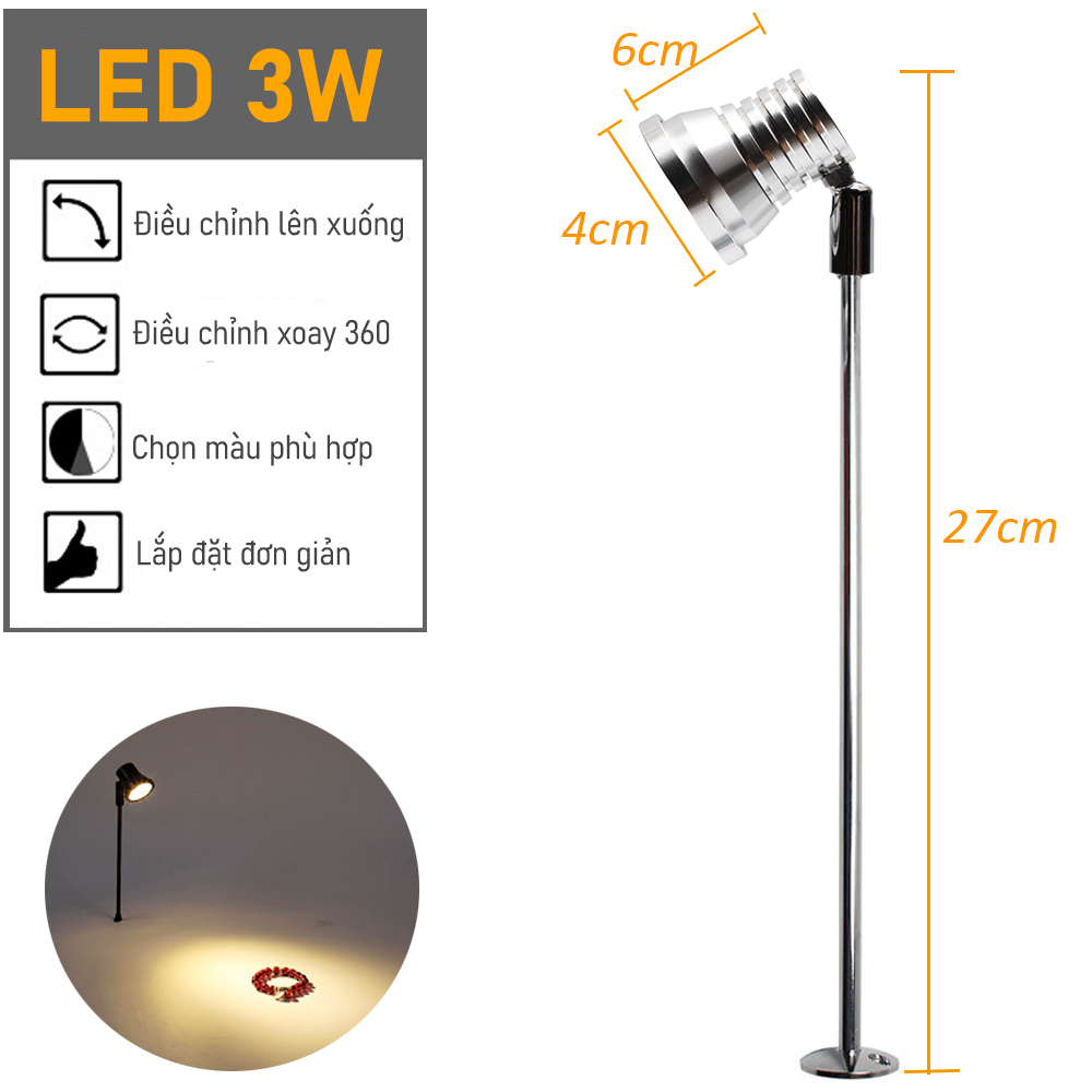 Đèn Led tủ kính trưng bày sản phẩm 3W ánh sáng Trung tính chiếu rọi, Đèn Kim loại chỉnh 360°