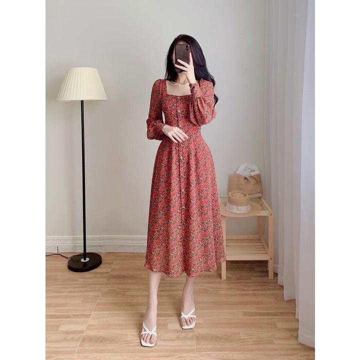 VÁY VINTAGE HOA ĐỎ NHÍ CỔ VUÔNG