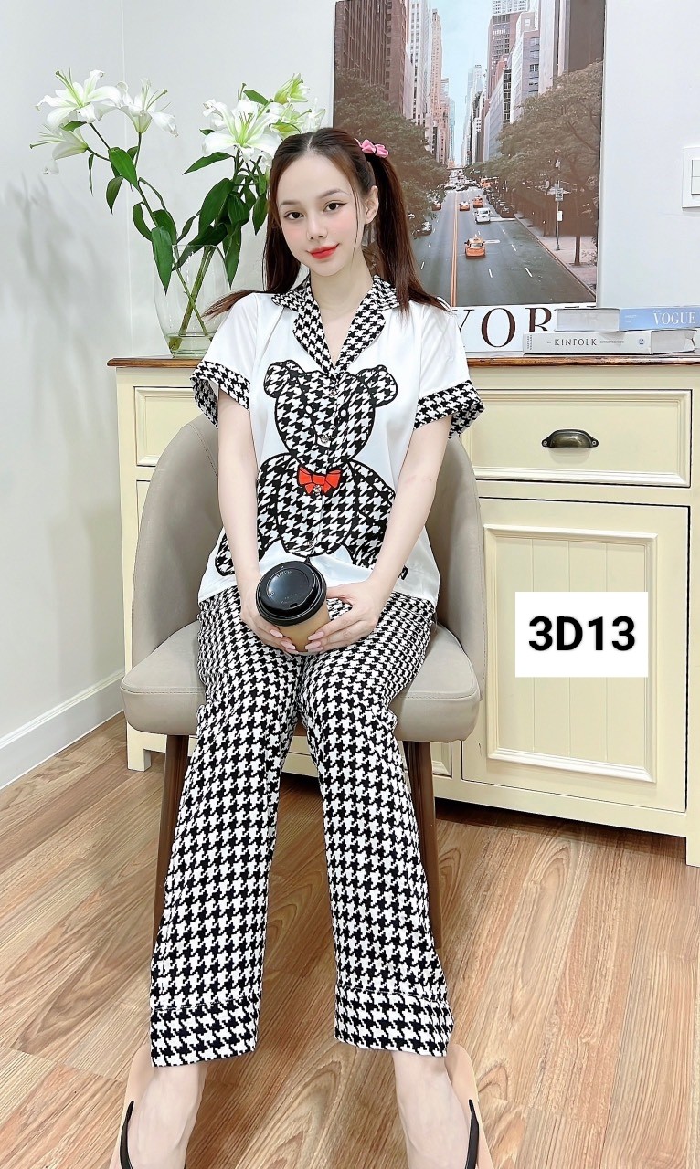 Bộ pijama nữ mặc nhà lụa thiết kế 40-60kg tay ngắn quần dài 3D13