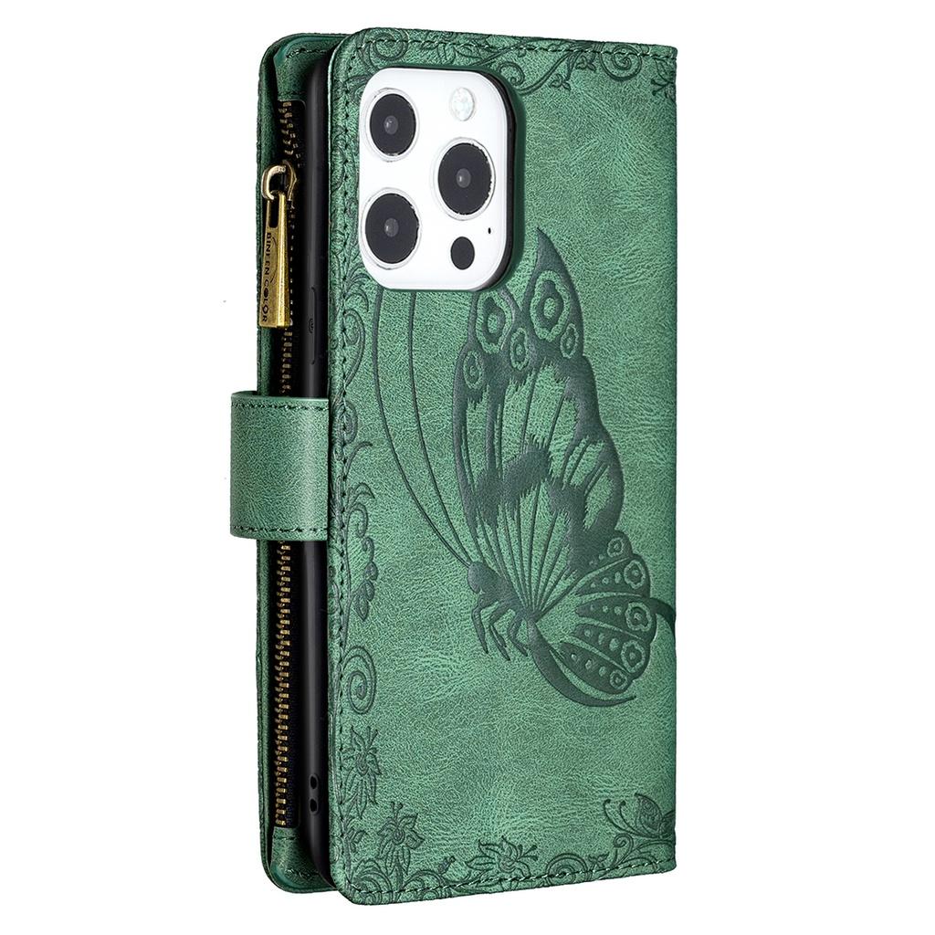 Ốp điện thoại da nắp lật dạng ví đựng thẻ có khóa kéo dập nổi hình bướm cho Apple iPhone 13 Pro Max 13 Mini 9