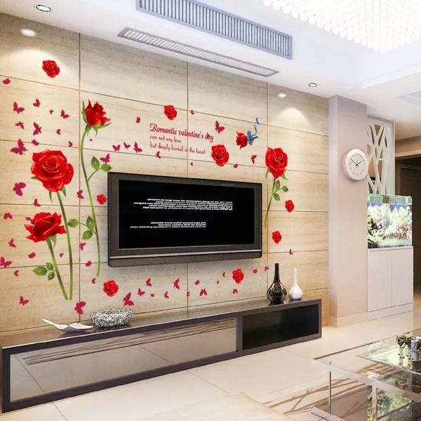 Decal trang trí tường 4 nhành Hoa Hồng Đỏ và Bướm Đỏ