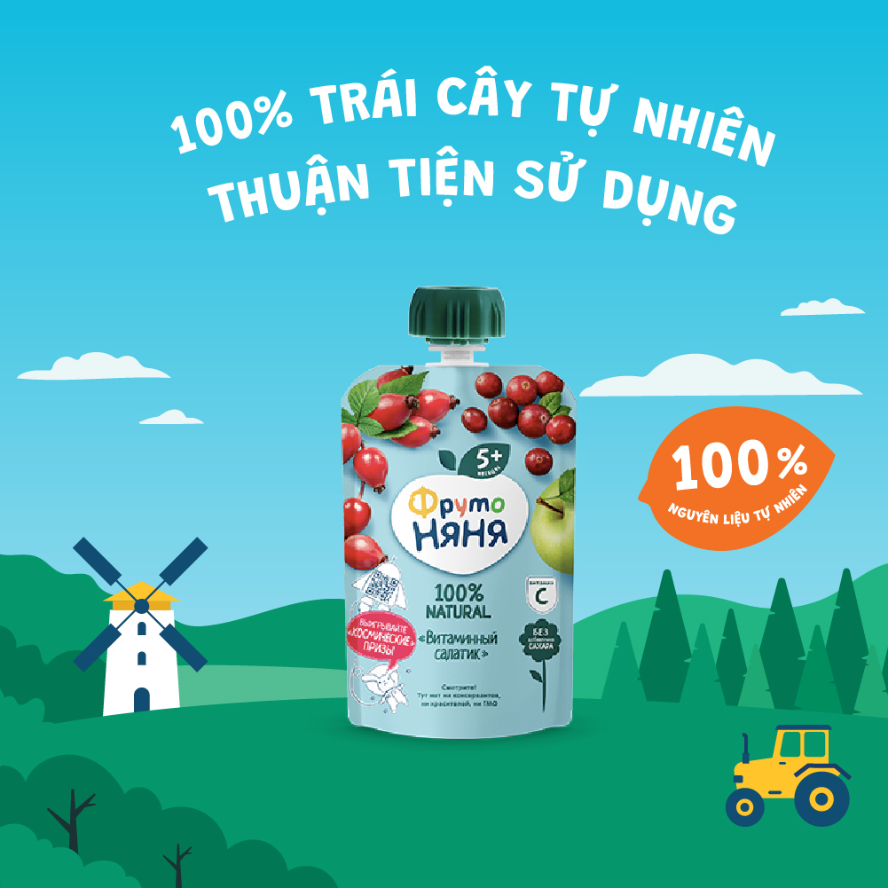 Combo 6 Gói Trái cây nghiền vị táo, quả tầm xuân và nam việt quất Fruto Nyanya 90g