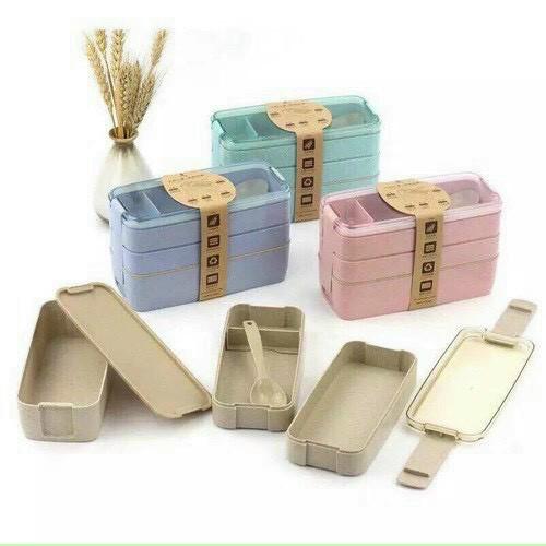 Hộp đựng cơm lúa mạch 3 tầng chữ nhật tặng kèm bộ đũa thìa lúa mạch