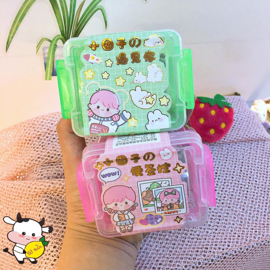 Set Hộp Nhựa Đựng Washi Tape Và Sticker Cute Đáng Yêu Gồm Nhiều Miếng Stickers Hình Cô Bé Gồm 30 Stickers 3 Cuộn Washi