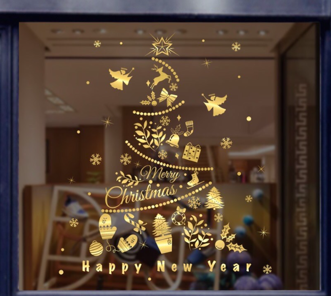 Decal trang trí Noel - Thông Phụ Kiện ánh vàng cao cấp siêu đẹp sang trọng