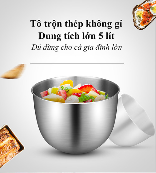 Máy nhồi, trộn, bột đánh trứng nhà bếp làm bánh tự động 5 lít, 3 đầu tiêu chuẩn tặng kèm vá múc bột, có nắp đậy tô an toàn sạch sẽ, Hàng Chính Hãng