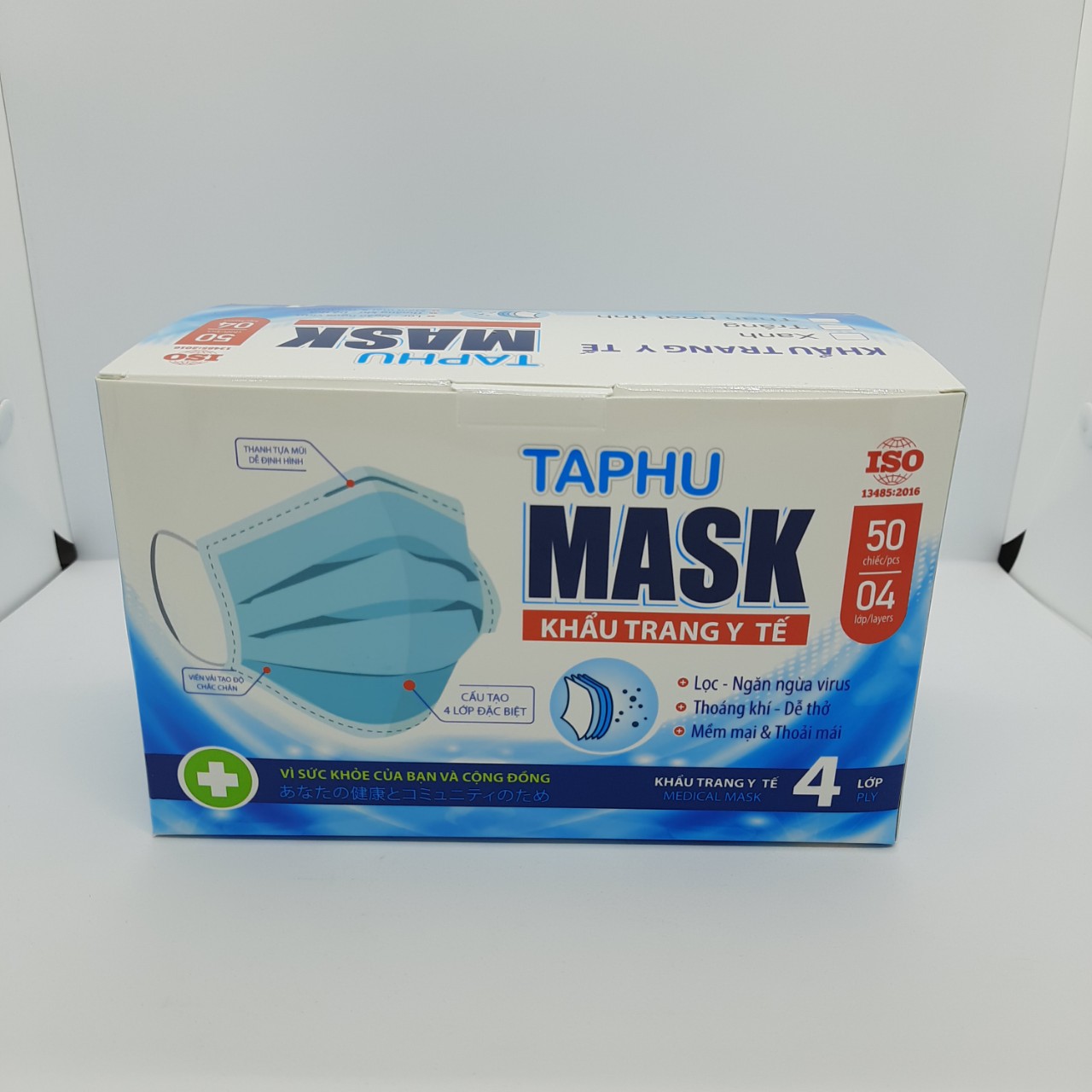 [COMBO 2 HỘP] Khẩu trang y tế 4 lớp hộp 50 cái màu xanh vải kháng khuẩn, có gọng mũi TAPHU MASK đạt tiêu chuẩn chất lượng của Bộ Y Tế