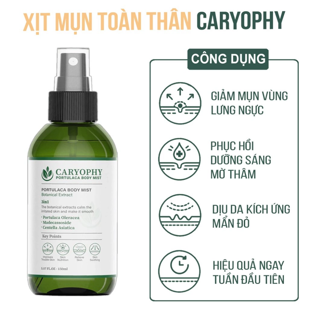 Xịt mụn lưng Caryophy Portulaca Body Mist 150ml giúp giảm các loại mụn sưng đỏ, làm dịu cho mọi loại da