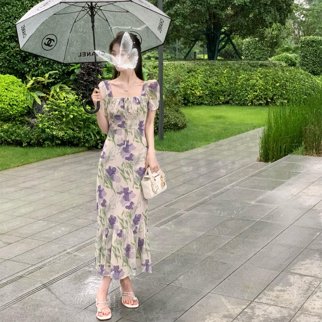 DONGSHOP Pháp Vintage vuông cổ in tay áo ngắn đuôi cá đầm nữ tính siêu tiên váy dài màu đen hoa chiffon đầm