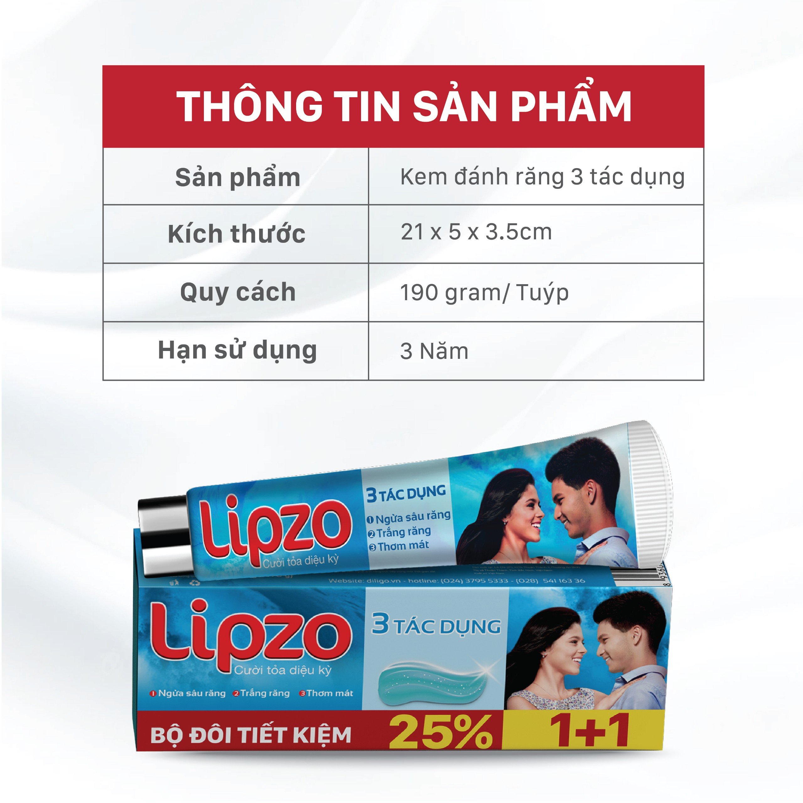 Bộ Đôi Siêu Tiết Kiệm Kem Đánh Răng Lipzo 3 Tác Dụng 02 Tuýp 190Gram Tái Tạo Men Răng Trắng Răng Ngừa Sâu Răng Thơm Mát