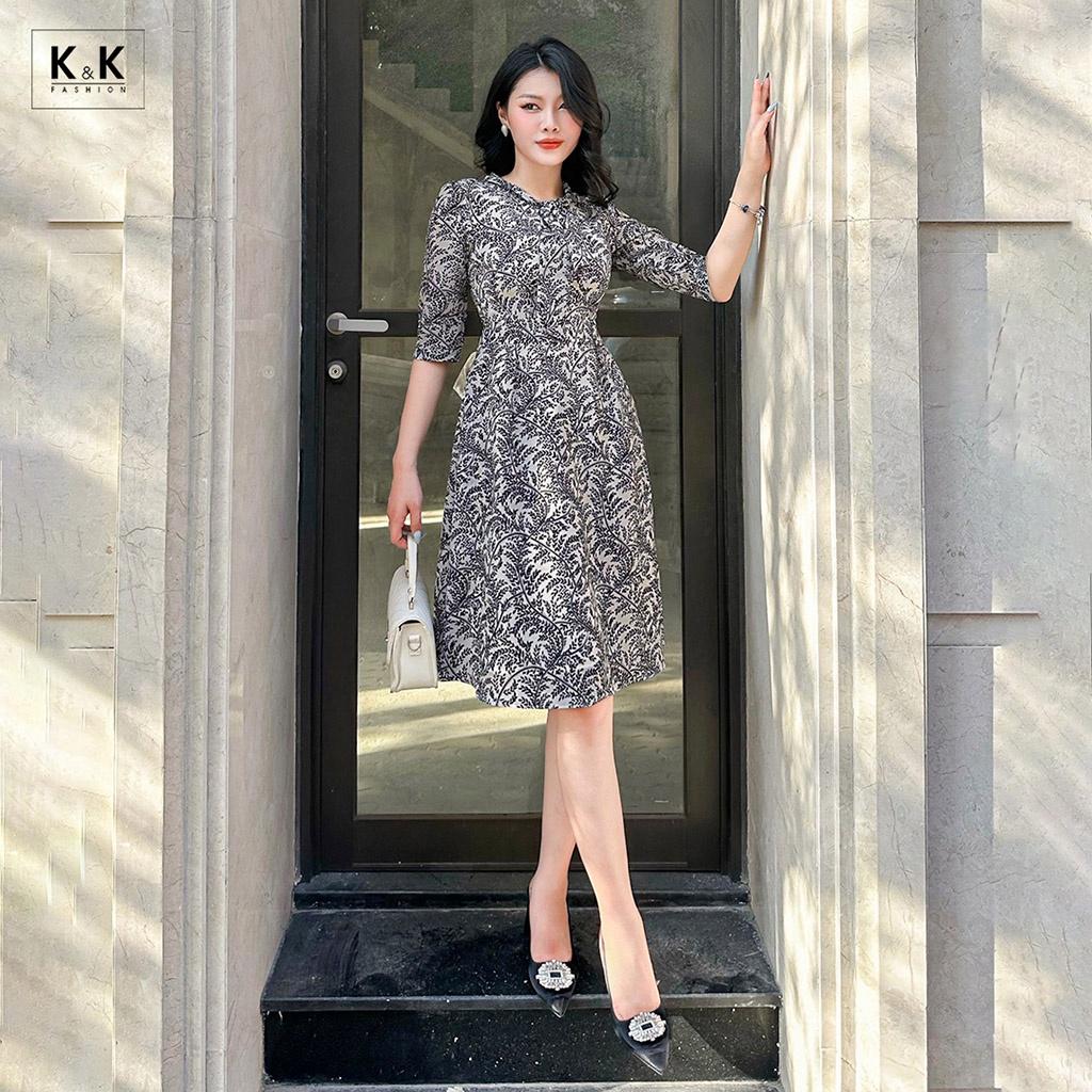 Đầm Xòe Công Sở Họa Tiết Tay Lửng K&amp;K Fashion KK119-18 Chất Liệu Lụa