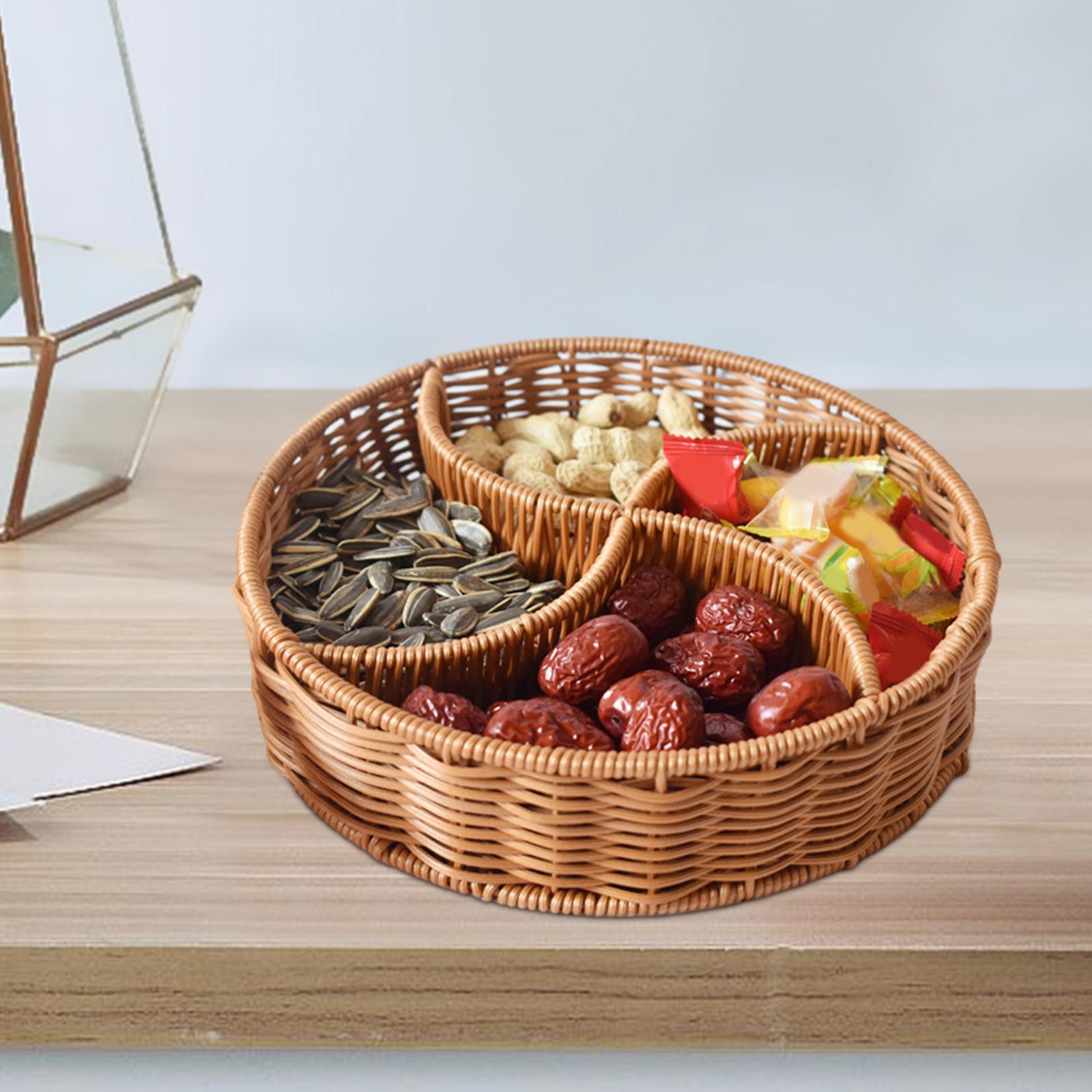Hand Woven Serving Basket Food Storage Tray Divided Dividers Candy Serving Tray Round Fruit Basket for Hotel Breakfast Pantry
