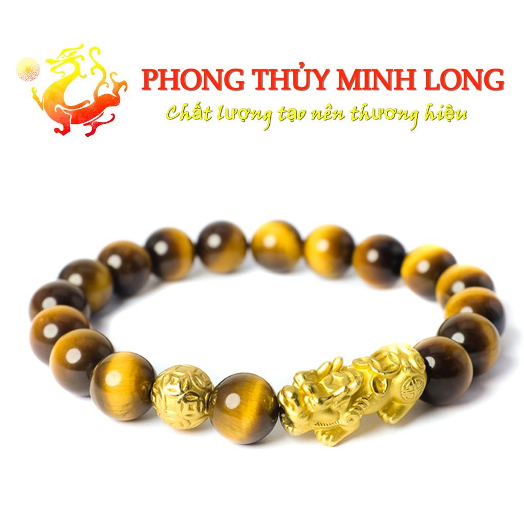 Vòng tay đá mắt hổ Vàng Nâu 5A mix Tỳ Hưu và 1 hạt kim tiền vàng mệnh Kim và Thổ