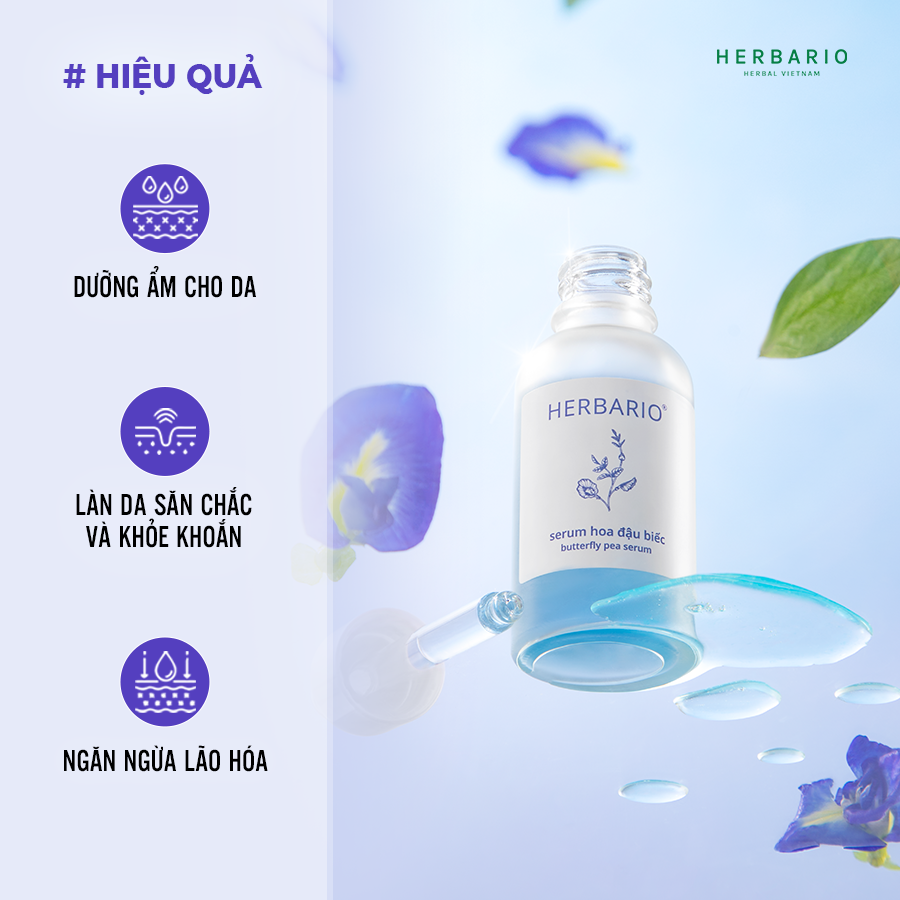 Bộ 5 dưỡng ẩm và trẻ hóa da toàn diện Hoa đậu biếc Herbario: Nước tẩy trang 300ml + Sữa rửa mặt 100ml + Toner 200ml + Serum 30ml + Mặt nạ 30ml