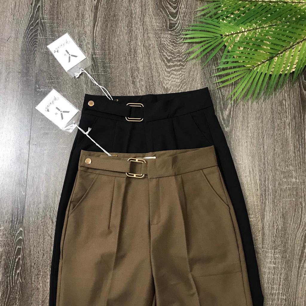 Quần Baggy Nữ Công Sở Đai Vuông, Màu Đen, Nâu Tây Sang Trọng. Chất Vải Vitex Cao Cấp, Cạp Cao Thanh Lịch