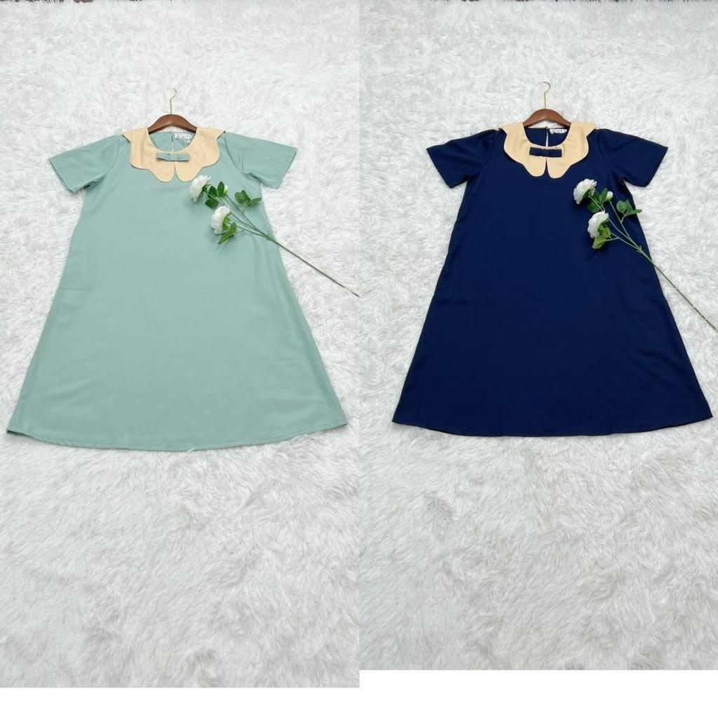 Đầm bầu công sở cổ sen phối nơ chất cotton lạnh phom suông gọn dáng thanh lịch - Xanh đậu