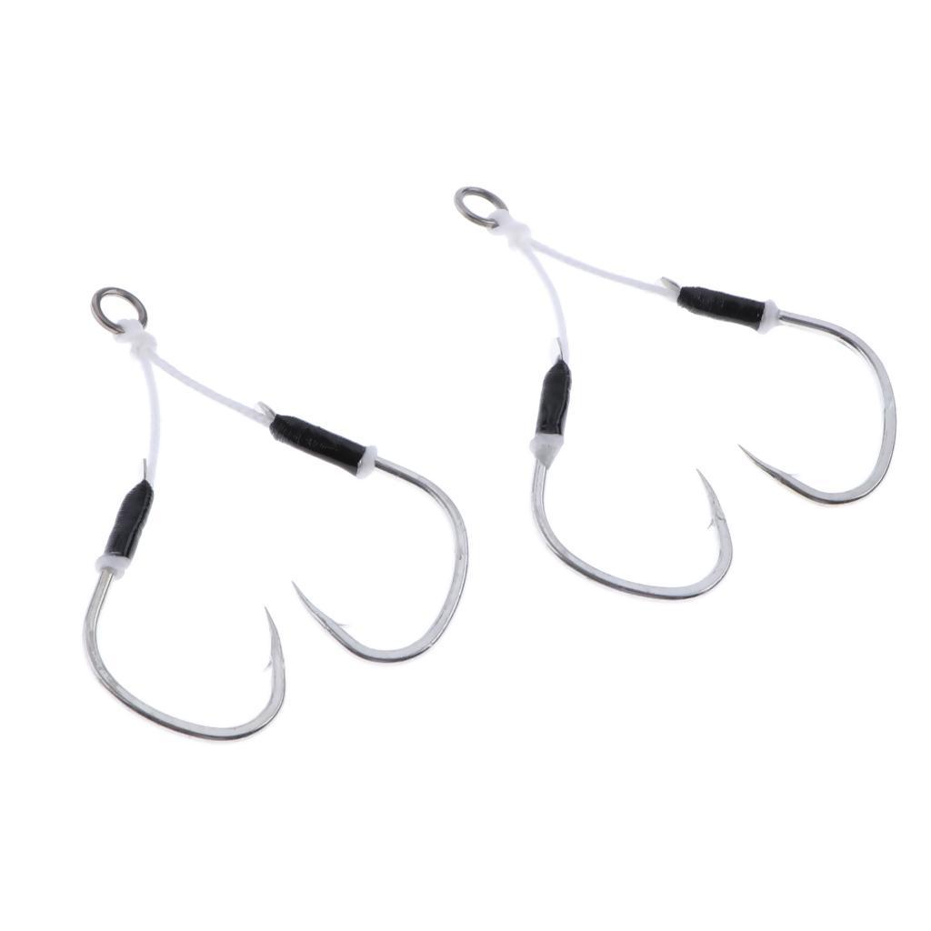 2 Pieces Carbon Steel Fishing Jig Hooks Barbed Assist Hooks With PE Line Fishing Accessories Tackle Tool - Choose Size