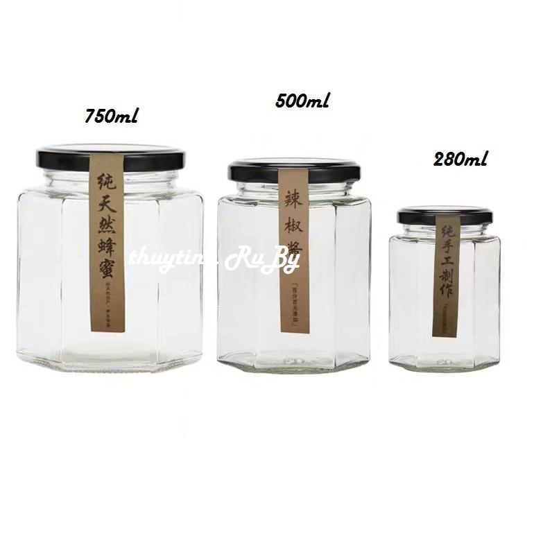 Hũ Lọ Thủy Tinh Lục giác 280ml đựng thực phẩm, Hủ đựng mật ong, Lọ gia vị lục lăng, Lọ thủy tinh đựng bột nghệ