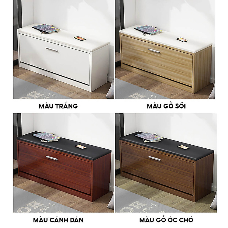 Tủ Giày Gỗ 100cm MDF Phủ Melamine Chống Ẩm Cánh Lật Siêu Gọn 3 Ngăn Kèm Ghế Đệm Da