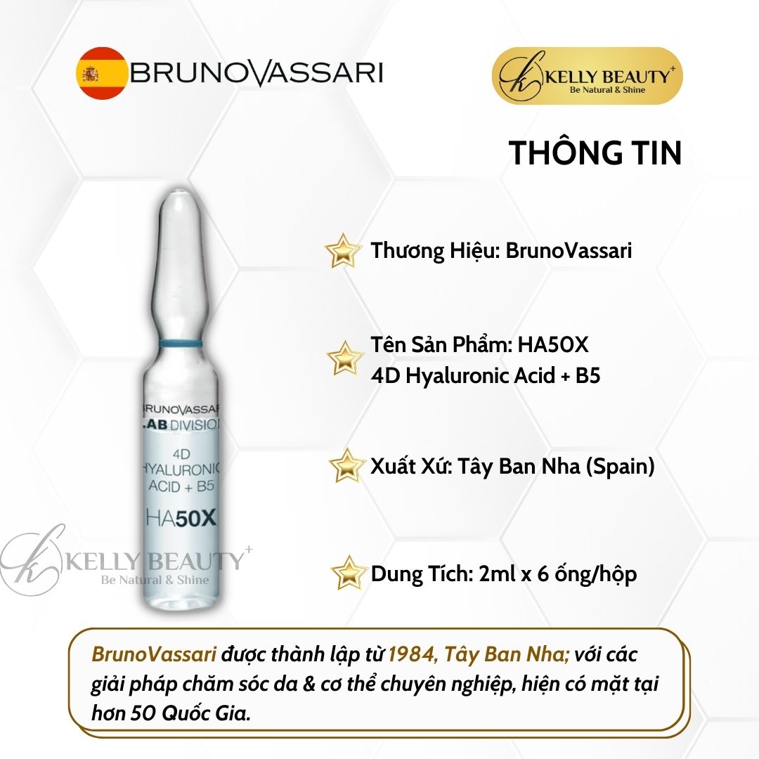 Huyết Thanh Căng Bóng Da Bruno Vassari HA50X 4D Hyaluronic Acid + B5 - Cấp Ẩm Đa Tầng, Săn Chắc Da - Kelly Beauty