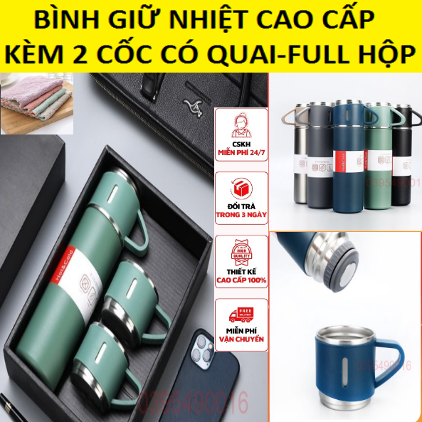 Bình Giữ Nhiệt 500ml Full Hộp Cao Cấp Kèm 2 Cốc Inox Có Quai, Làm Bộ Qùa Tặng Sang Trọng, giữ lạnh 24h - HỒNG