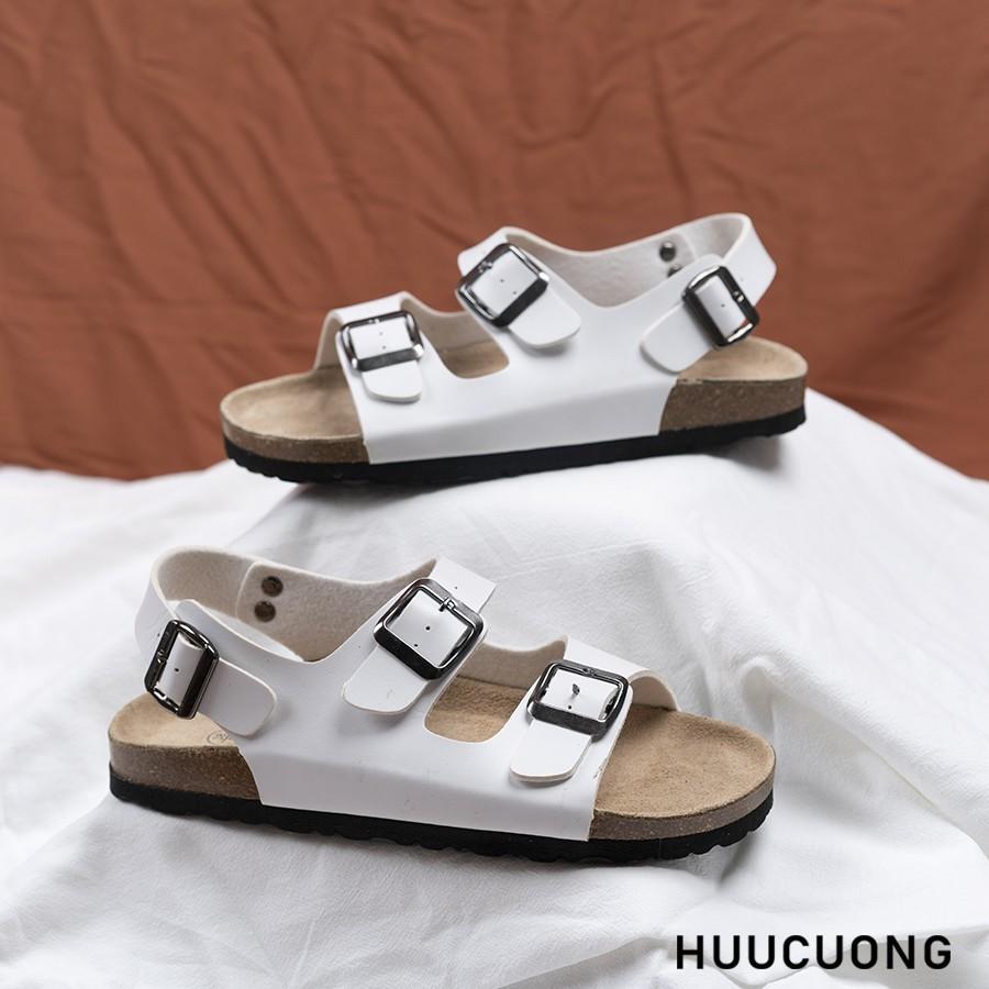 Giày Sandal nữ HuuCuong 2 khóa trắng đế trấu handmade