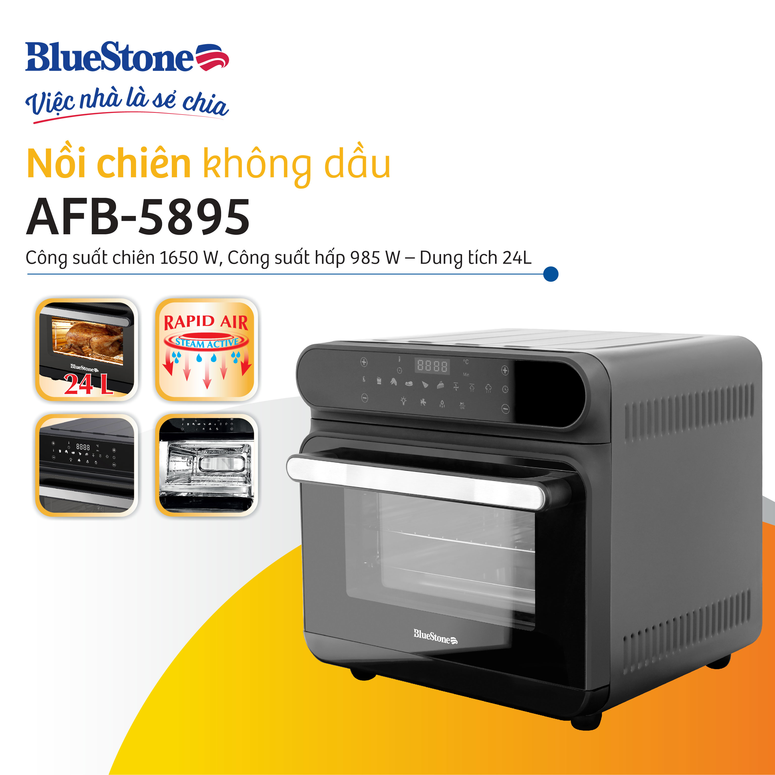 Nồi Chiên Không Dầu Kết Hợp Hấp BlueStone AFB-5895 - Dung Tích 24 Lít - Công Suất Chiên 1650W, Hấp 985W - Bảo hành 2 năm - Hàng chính hãng