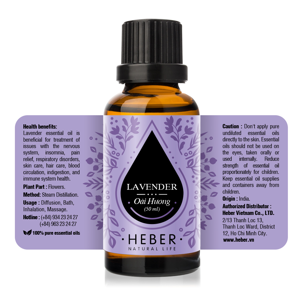 Tinh Dầu Oải Hương Lavender Essential Oil Heber | 100% Thiên Nhiên Nguyên Chất Cao Cấp | Nhập Khẩu Từ Ấn Độ | Kiểm Nghiệm Quatest 3 | Xông Thơm Phòng | Hương Dịu Nhẹ