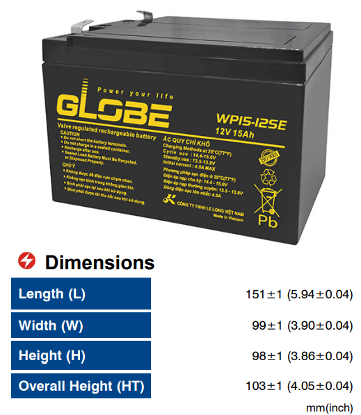 ẮC QUY KÍN KHÍ (VRLA AGM) GLOBE WP15-12SE - (PDC-TECH)