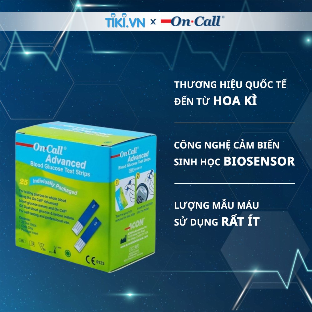 Hộp 25 Que Thử Đường Huyết On Call Advanced Mỗi Que Trong Một Túi Nhôm Riêng