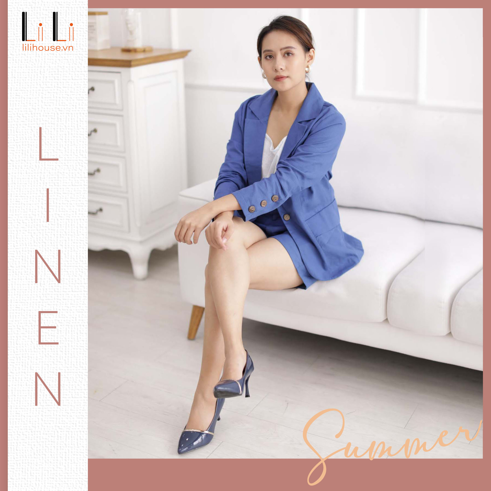Set Vest, BLAZER nữ LINEN cao cấp - Màu Xanh Coban