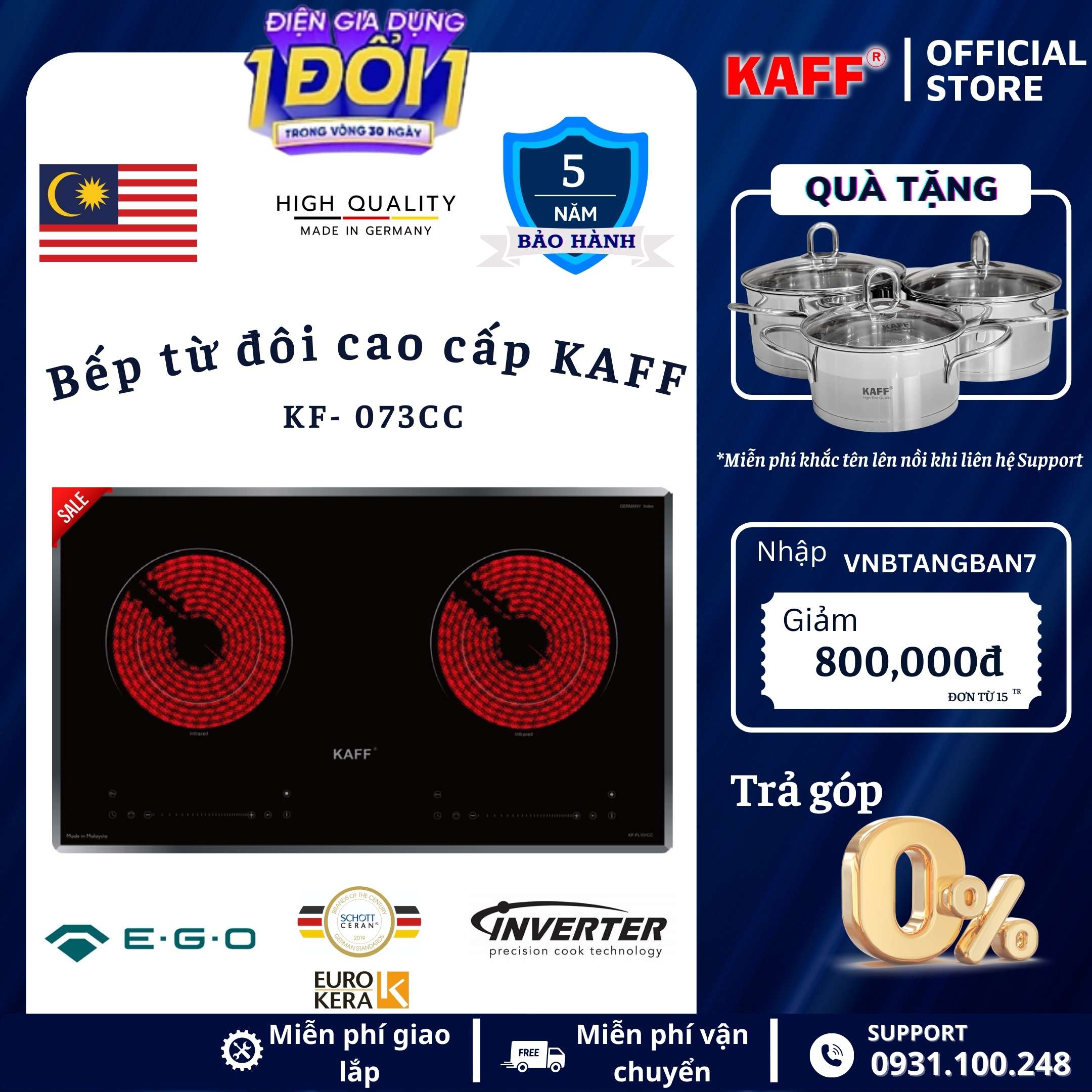 Bếp âm từ hồng ngoại đôi nhập khẩu Malaysia KAFF KF-073IC - Hàng chính hãng