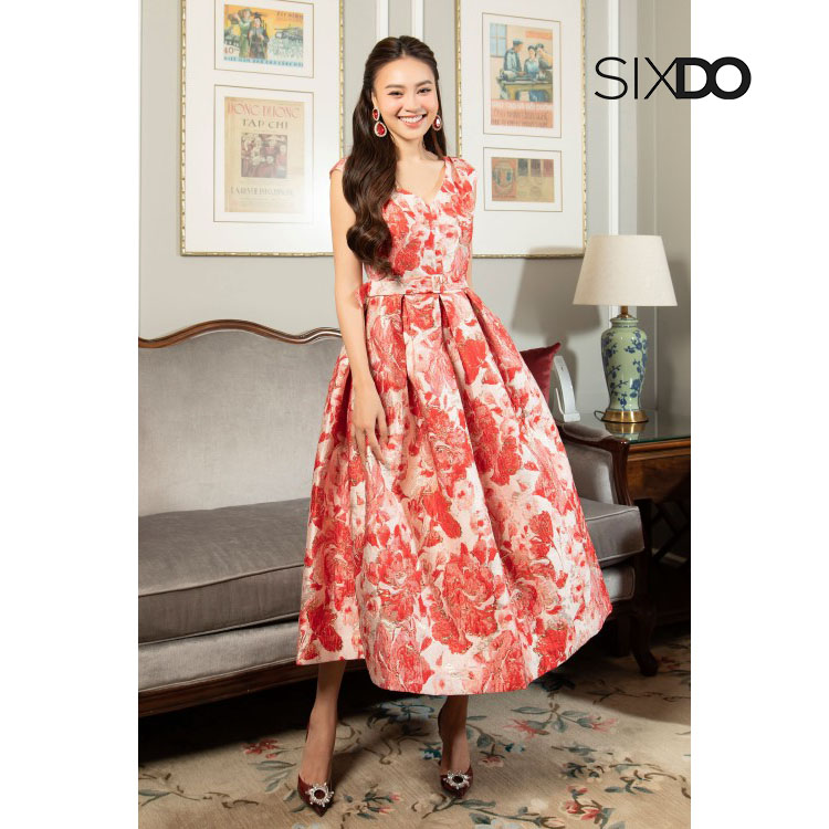 Đầm gấm midi cổ V kèm đai sang trọng thời trang SIXDO