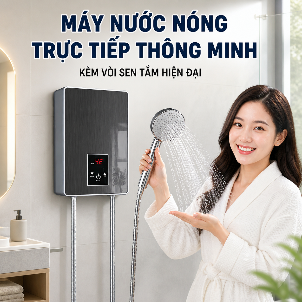 Máy Tắm Nước Nóng Trực Tiếp Thông Minh Kèm Bộ Vòi Sen Hiện Đại Thiết Kế Sang Trọng Dễ Lắp Đặt