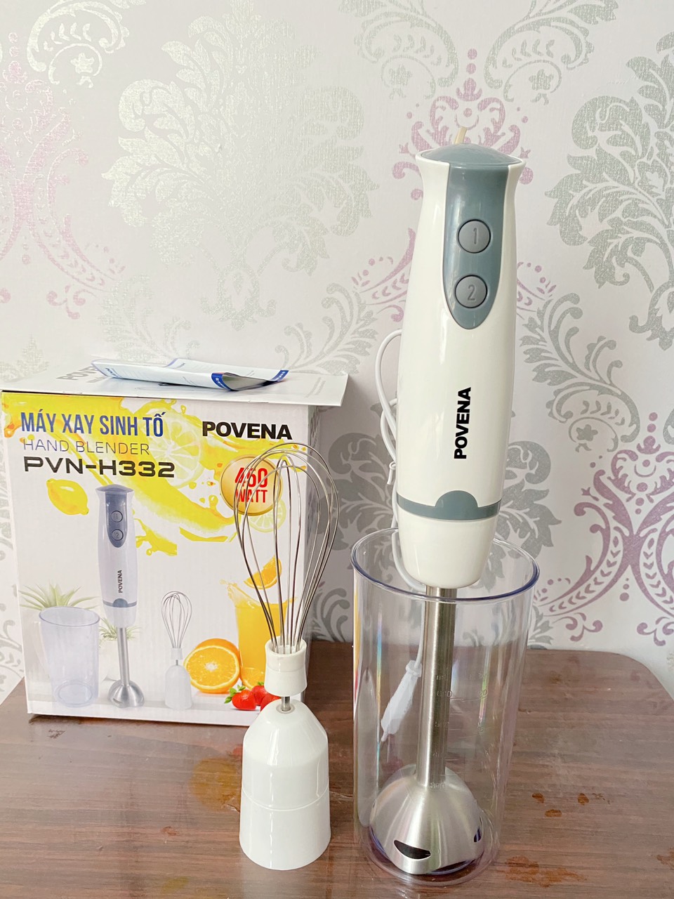 Máy xay sinh tố cầm tay Povena PVN-H332 công suất lớn 450W, có kèm đánh trứng, màu ngẫu nhiên-hàng chính hãng