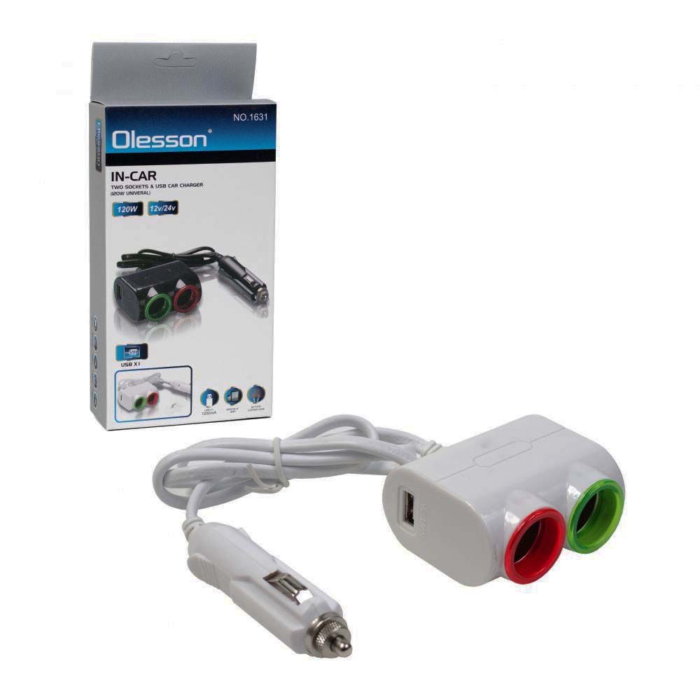 Bộ Chia Tẩu Sạc Dành Cho Xe Ô Tô 2 Cổng Tẩu 1 USB Model 1631 IN-CAR OLESSON