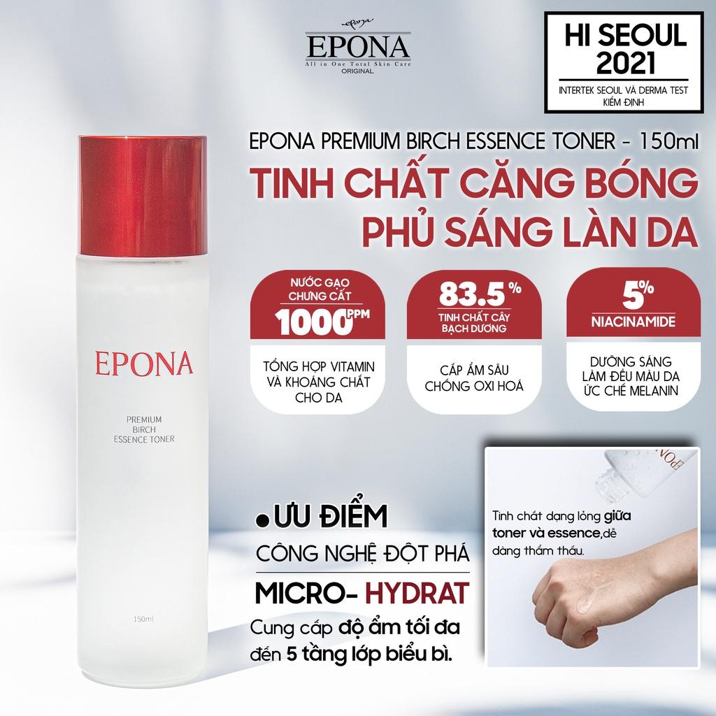 Bộ Đôi Cấp Ẩm - Nâng Tông Da Mướt Mịn Epona Premium Birch Essence Toner 150ml, Epona Premium Snail Tone Up Cream 50ml