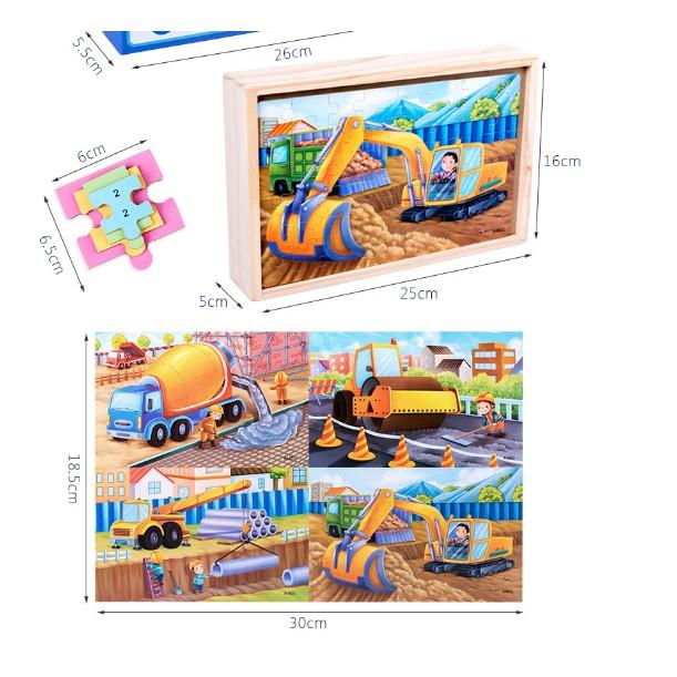 Đồ chơi ghép xếp hình 4 cấp độ Puzzle 4 trong 1 gồm bộ 12, 24, 36, 48 miếng chi tiết trong 1 hộp gỗ cao cấp cho bé