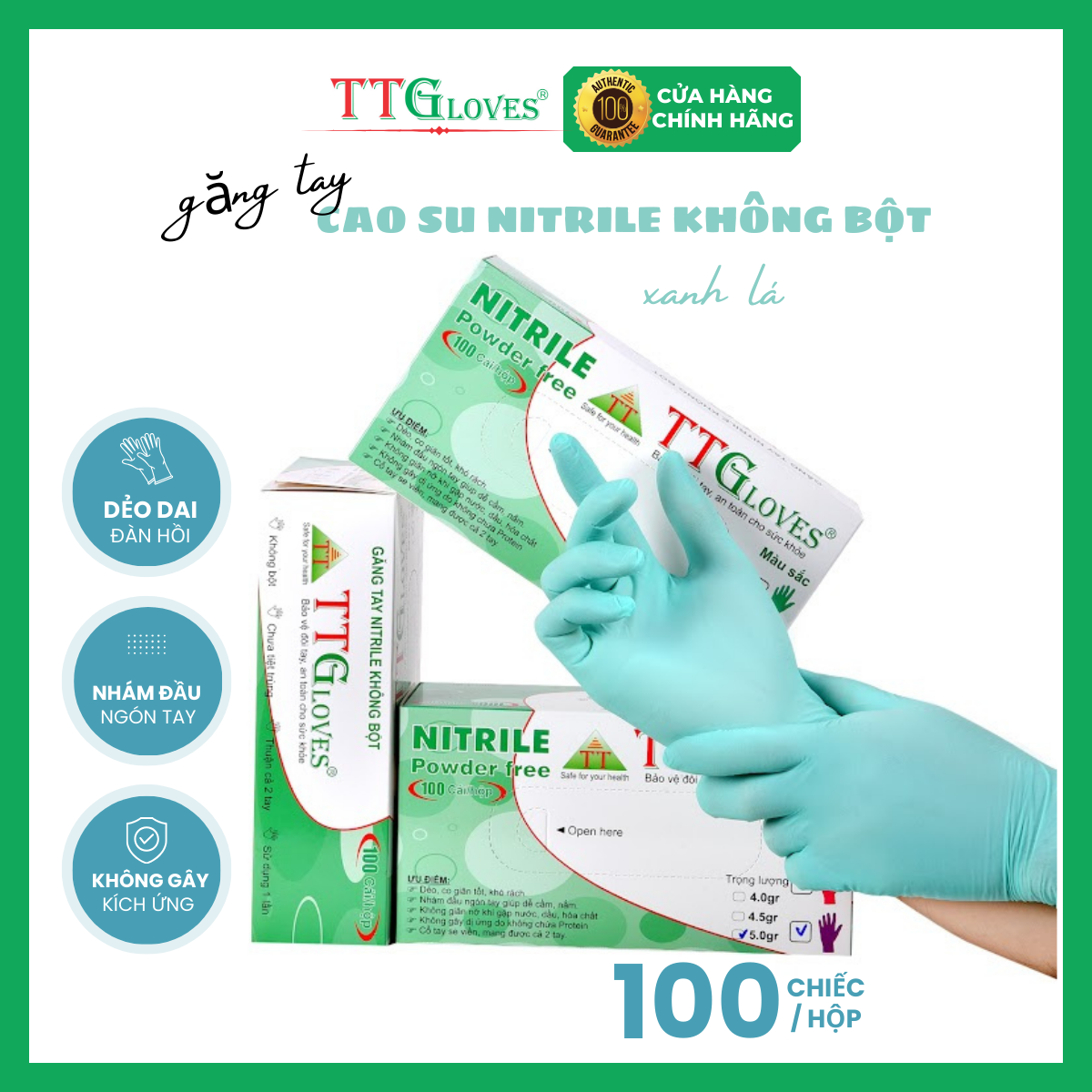 Găng Tay Y Tế Size S Màu Xanh Lá (100 Chiếc) _Không Bột Nitrile TTGLOVES