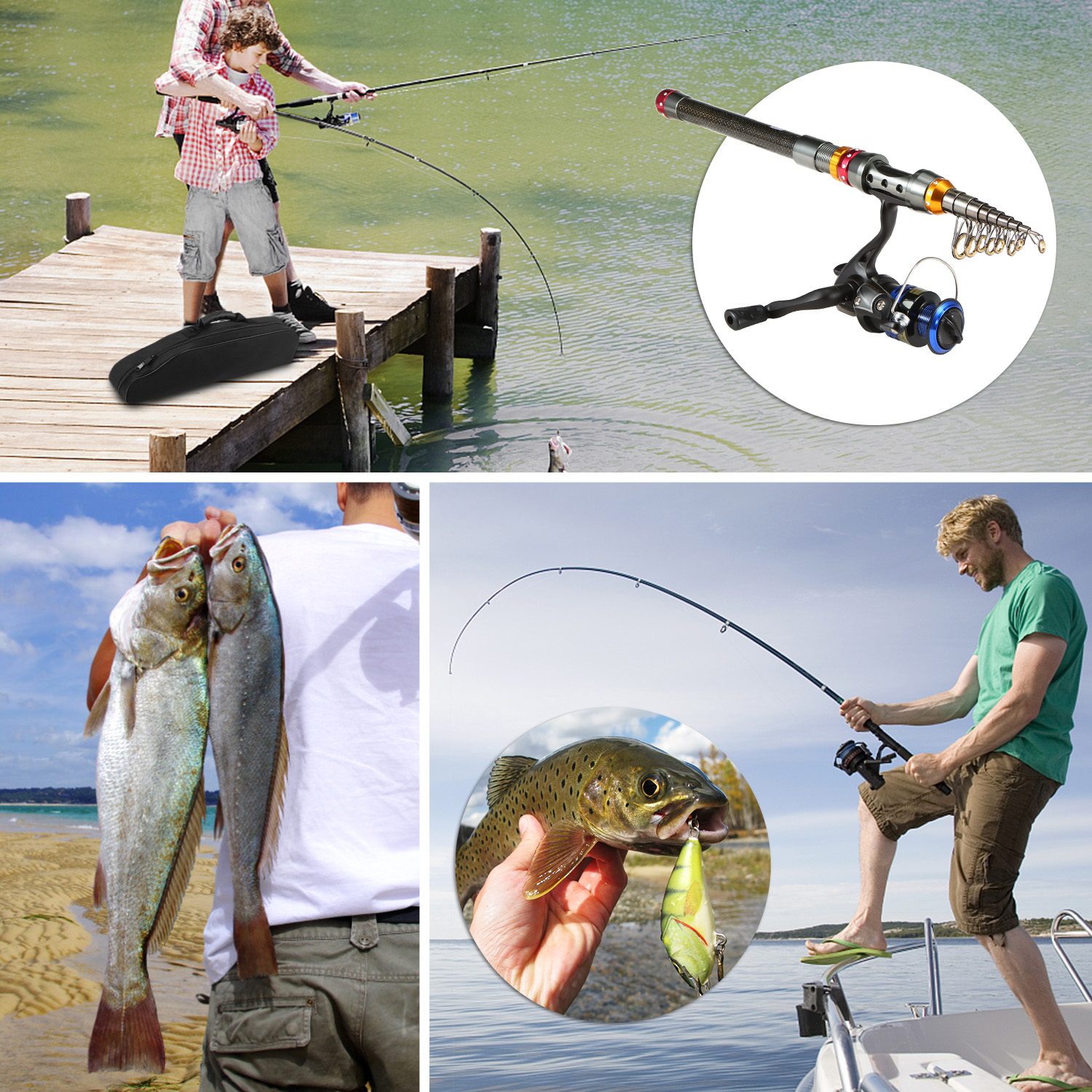 Bộ cần câu rút quay bằng tay bao gồm máy quay, dây , lưỡi câu và mồi gải