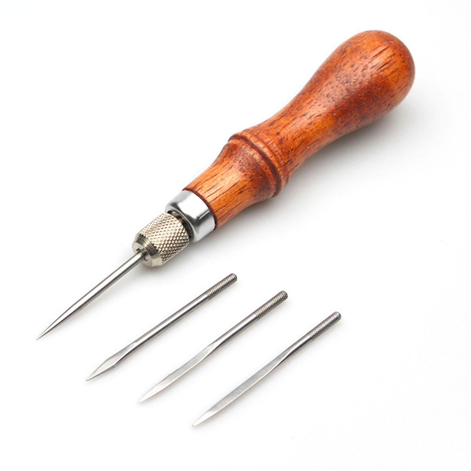 Professional Awl Tool Hand Sewing Repairing Wood Handle Leathercraft DIY