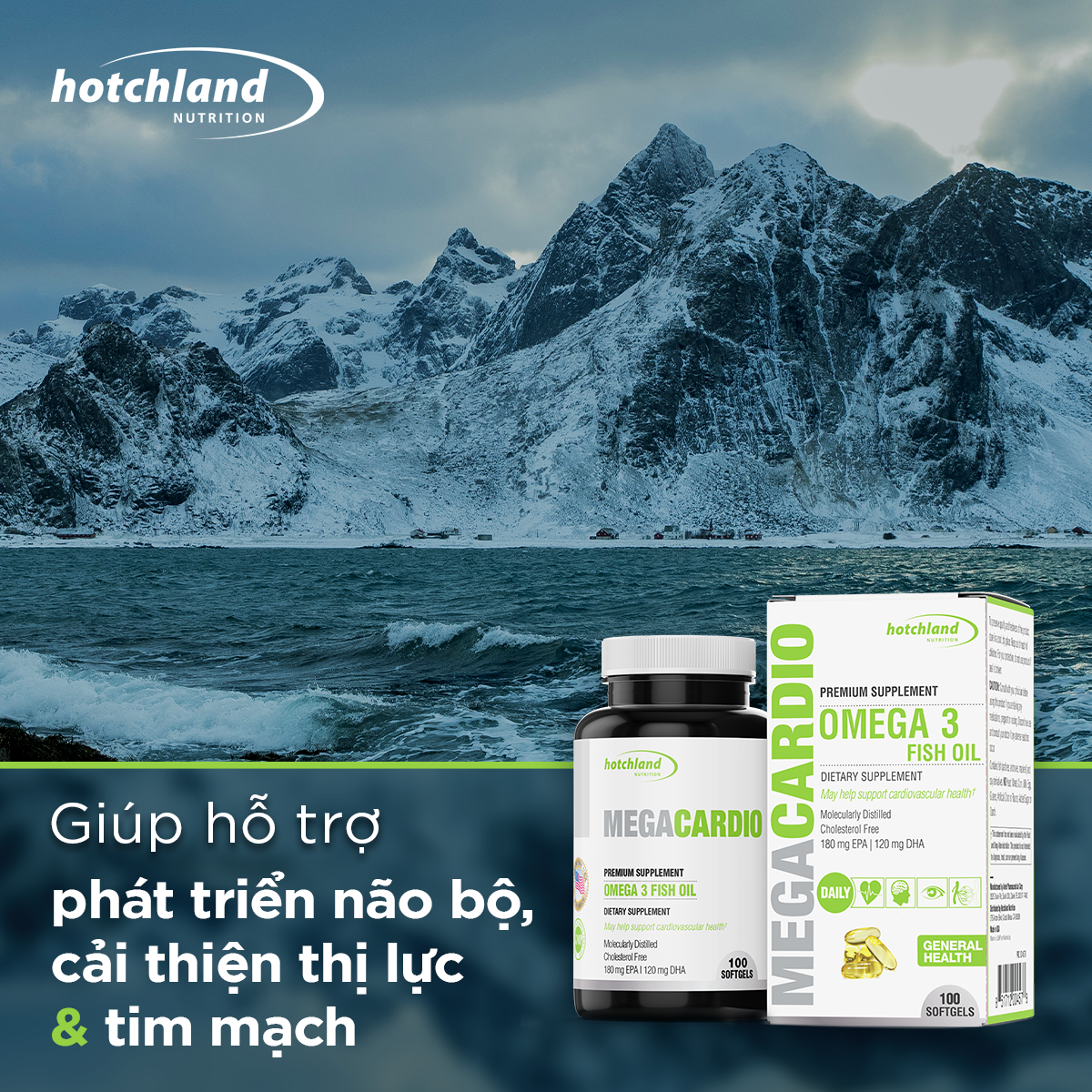 Viên uống dầu cá Omega 3 - Hỗ trợ bổ não, cải thiện thị lực, giảm Cholesterol, Hotchland MegaCardio-Hàng chính hãng [Hộp 100 Viên]-HL4578