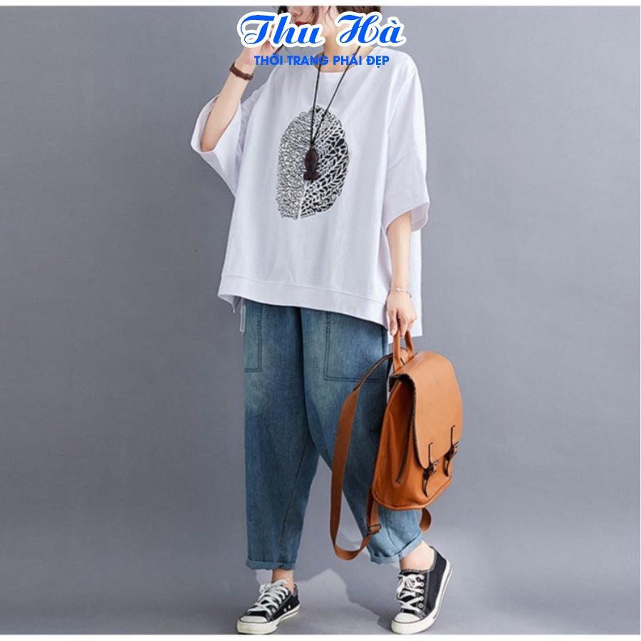 Áo phông unisex freesize Thu Hà áo thun form rộng tay lỡ chất liệu mềm mát co giãn in hình Lá Cây