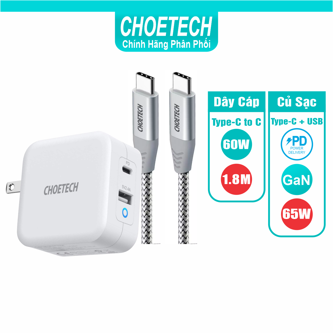 Bộ Củ Sạc Nhanh CHOETECH 65W PD8002-W Và Cáp C to C 60W Dài 1.8M CC0005-S Cho Điện Thoại Samsung, Oppo, Vivo, Xiaomi - Hàng Chính Hãng