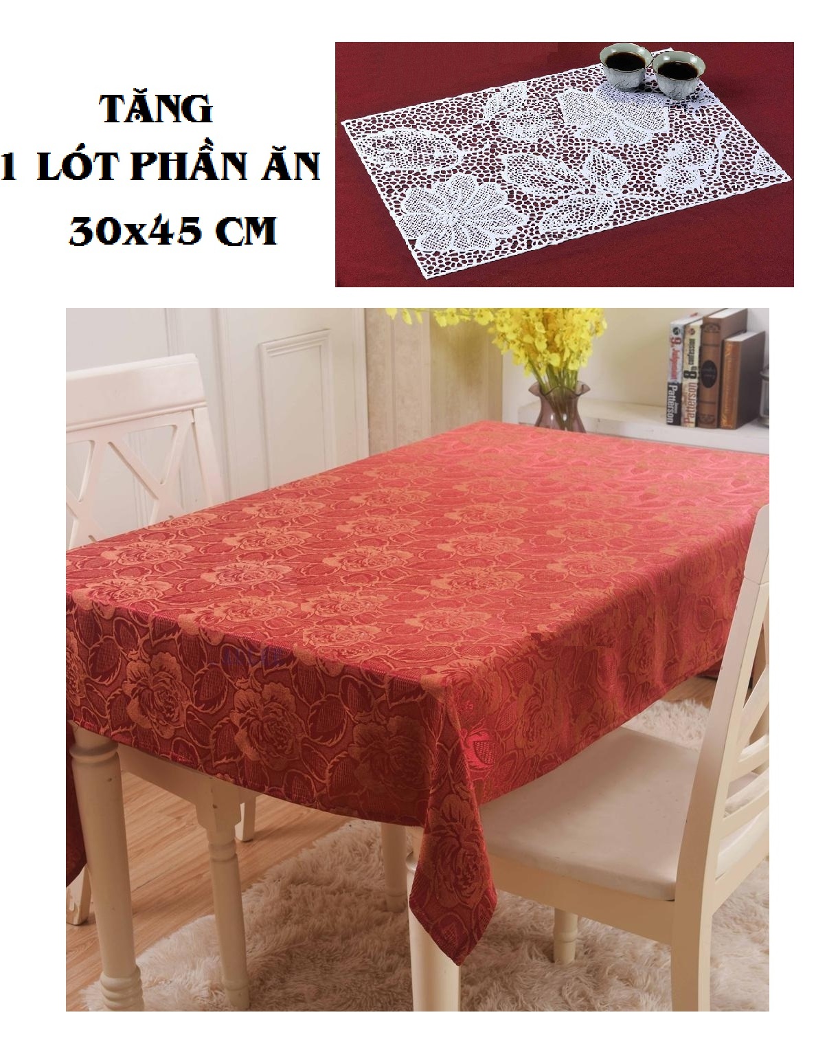 COMBO KHĂN TRẢI BÀN PAULEE - WB 601 (150 x 120 cm) Đỏ - TẶNG LÓT PHẦN ĂN 30 x 45 cm