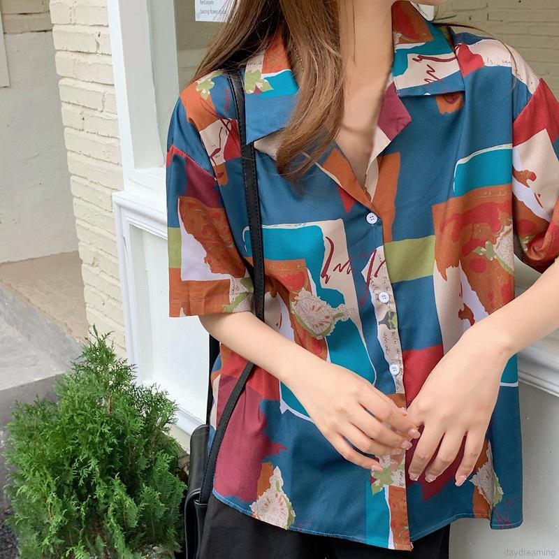 Áo Sơ Mi Voan Ngắn Tay Dáng Rộng In Họa Tiết Hình Học Cá Tính Cho Nữ