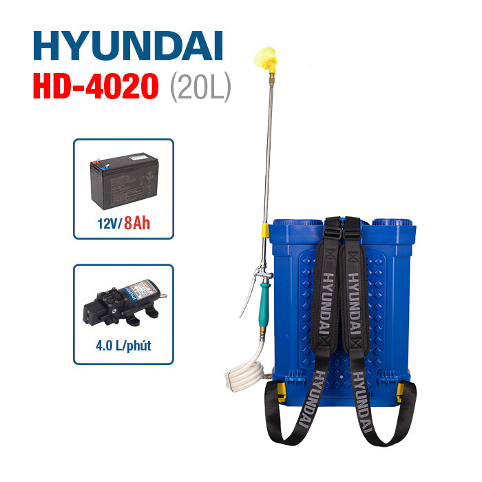 Bình xịt điện HYUNDAI HD-4020 | Dung tích 20L | Ắc quy 8AH | Bơm đôi HD-4080 | Áp lực phun 80PSI