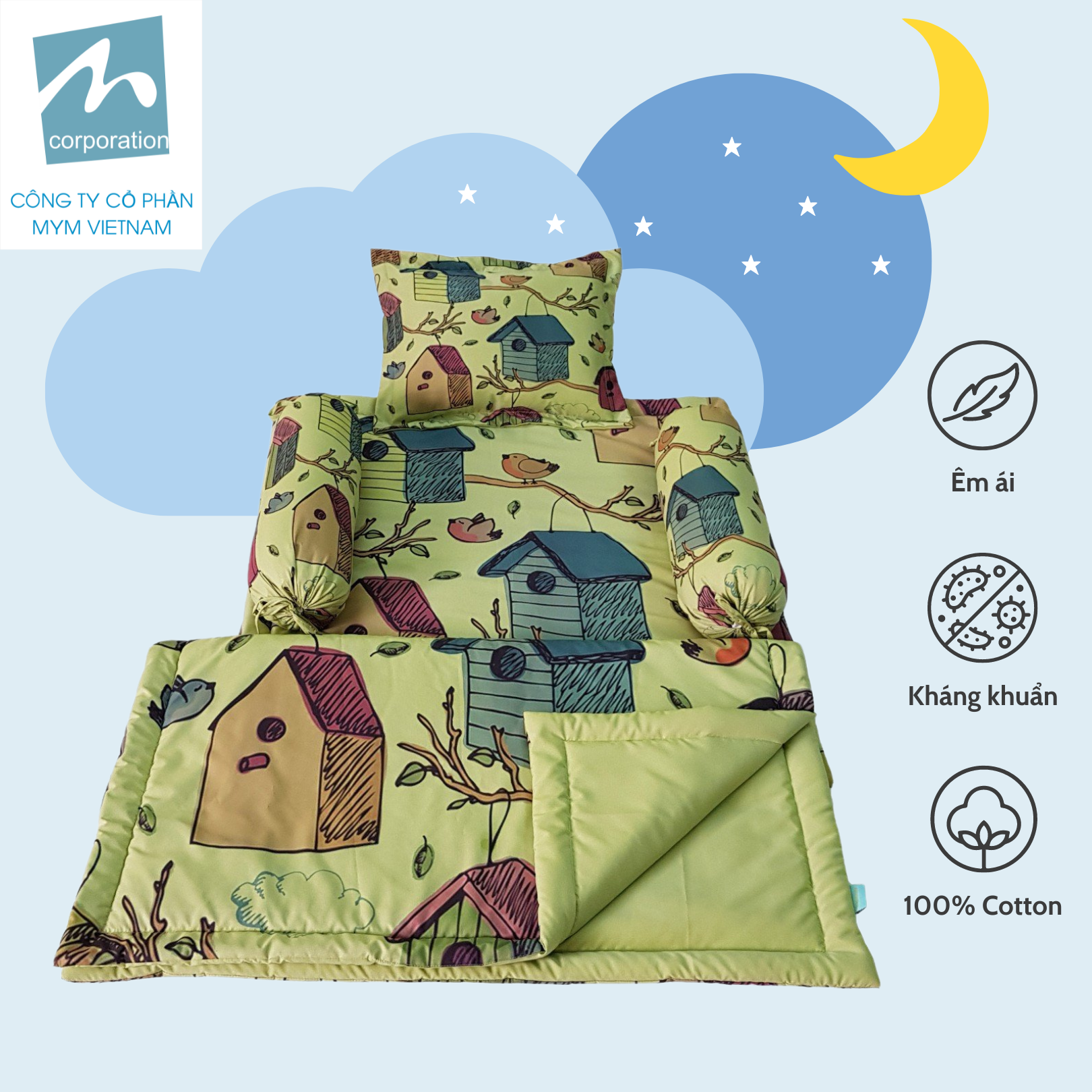 Bộ chăn gối nệm 5 chi tiết cho trẻ em MYM chất liệu vải Microfiber in hoạ tiết đáng yêu, mềm mại, thấm hút