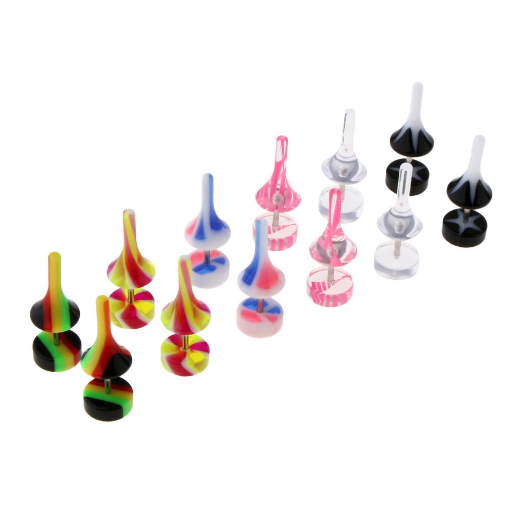 6 Pairs Acrylic Ear Earrings Flesh Tunnel Stainless Steel Fake Plugs 16g