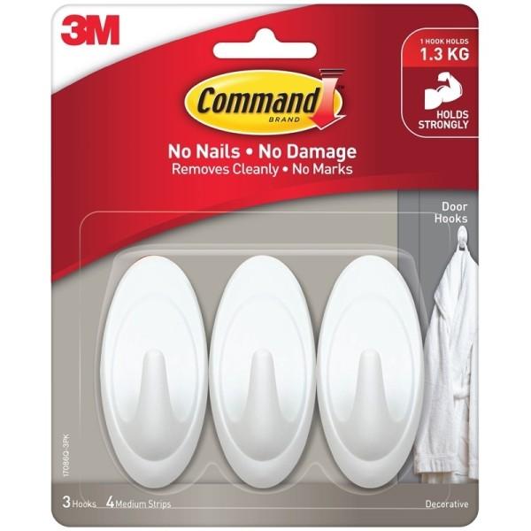 Móc dán tường Command 3M vỉ 3 cái chịu lực 1.3kg - Độ bền cao, bám cực chắc, tháo cực dễ, không gây hại bề mặt 17086